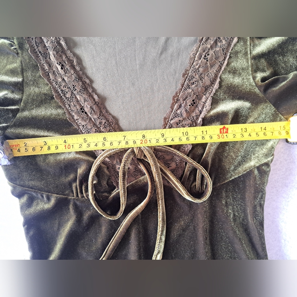 Cider Olive Velvet V-Neck Solid Lace Detail Mini Dress - Picture 7 of 14